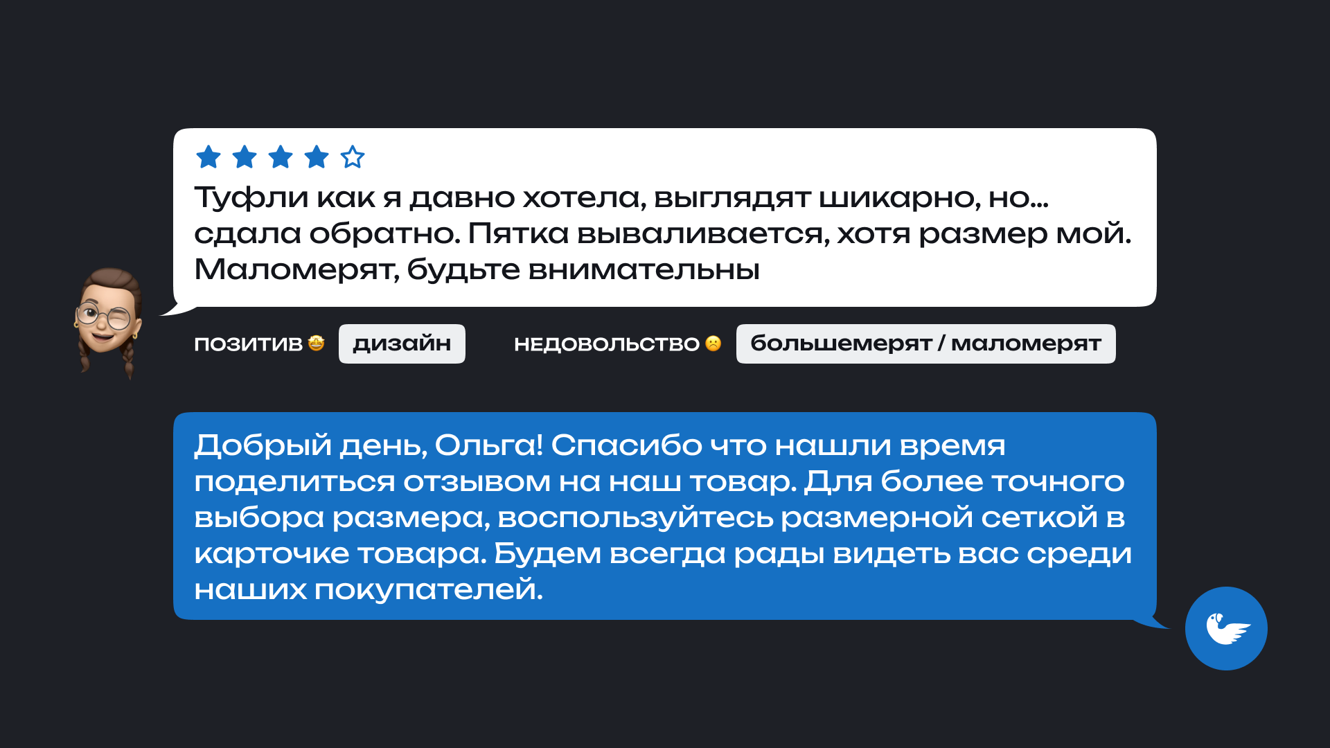 На изображении показан отзыв покупательницы на туфли и ответ магазина. В отзыве покупательница по имени Ольга пишет: 'Туфли как я давно хотела, выглядят шикарно, но... сдала обратно. Пятка вываливается, хотя размер мой. Маломерят, будьте внимательны'. Также указаны несколько тегов, связанных с отзывом: позитив, дизайн, недовольство и большемерят/маломерят.

                      Ответ магазина: 'Добрый день, Ольга! Спасибо, что нашли время поделиться отзывом на наш товар. Для более точного выбора размера воспользуйтесь размерной сеткой в карточке товара. Будем всегда рады видеть вас среди наших покупателей.'Основные темы отзыва касаются несоответствия размера и внешнего вида туфель.