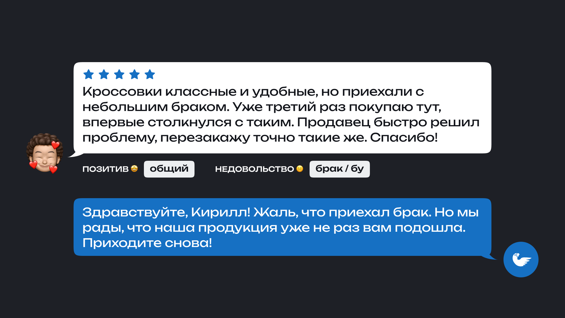 На изображении показан отзыв покупателя Кирилла и ответ магазина. Кирилл оставил положительный отзыв о кроссовках: 'Кроссовки классные и удобные, но приехали с небольшим браком. Уже третий раз покупаю тут, впервые столкнулся с таким. Продавец быстро решил проблему, перезакажу точно такие же. Спасибо!' Под отзывом указаны теги: общий и брак/бу.

                      Ответ магазина: 'Здравствуйте, Кирилл! Жаль, что приехал брак. Но мы рады, что наша продукция уже не раз вам подошла.
                      Приходите снова!'