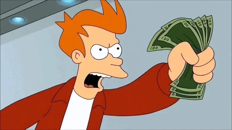 Фрай (Fry) из мультсериала Футурама (Futurama) с рыжими волосами и в красной куртке держит пачку денег, энергично размахивая ей, и кричит. Фон изображает интерьер помещения с синими огнями