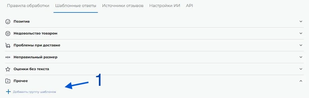 Раздел Шаблонные ответы с категориями Позитив, Недовольство товаром, Проблеми при доствка, Неправильный размер, Оценки без теста, Прочее