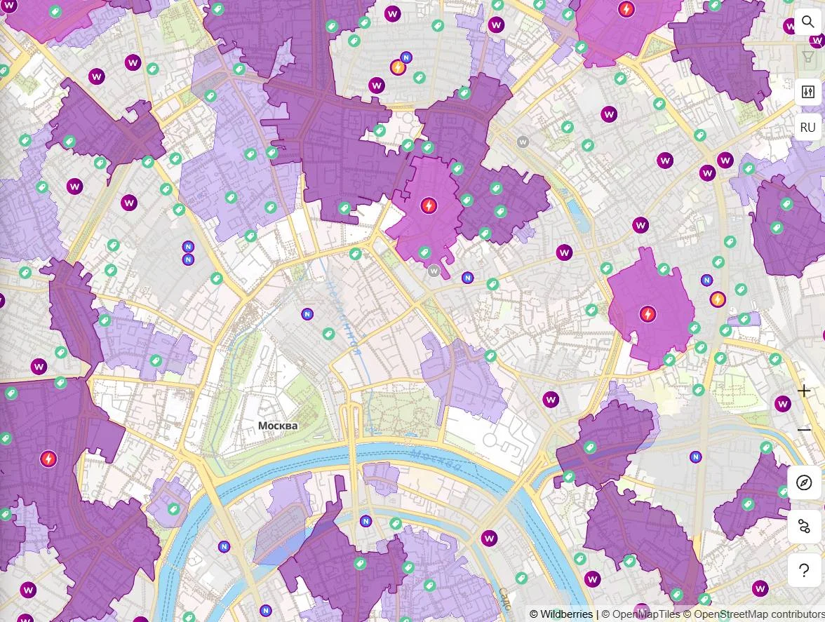 Изображение карты распределения офисов маркетплейса вайлдбериз по центре Москвы