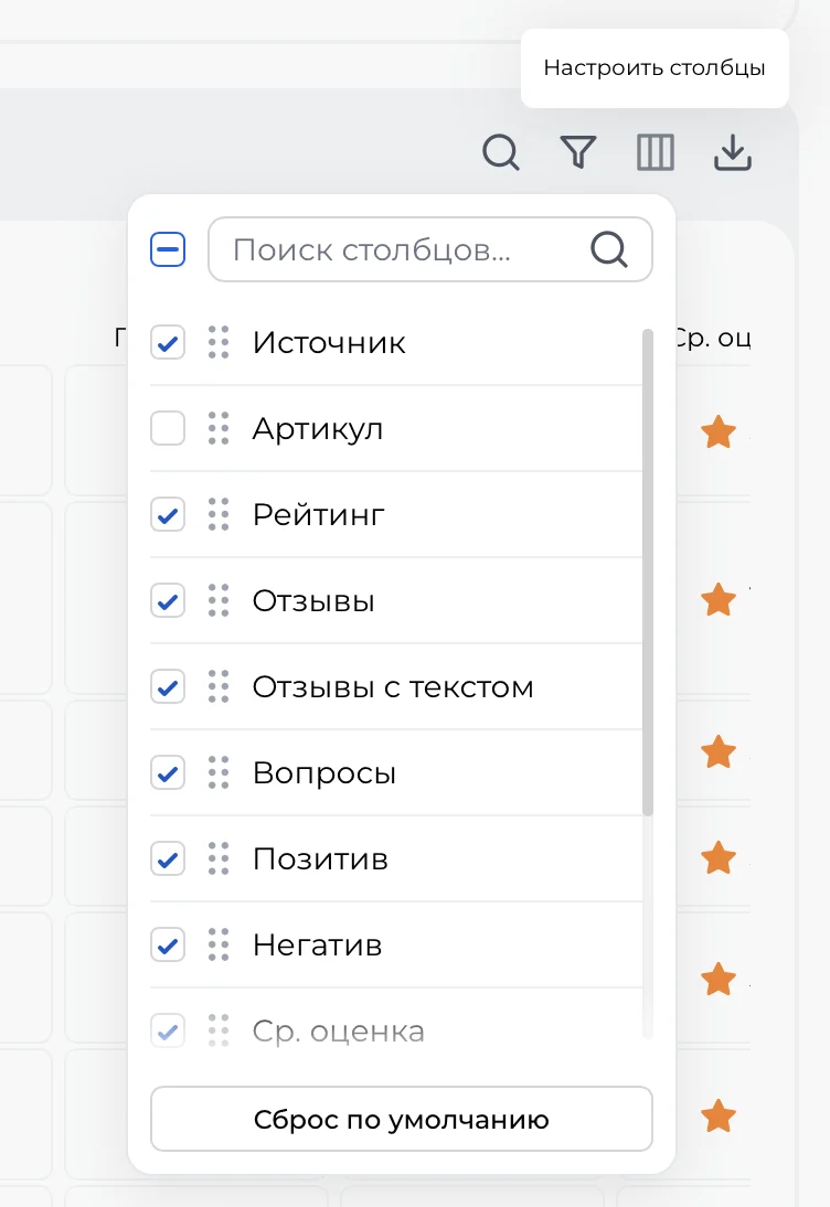 Настройка отображаемых столбцов в таблице товаров